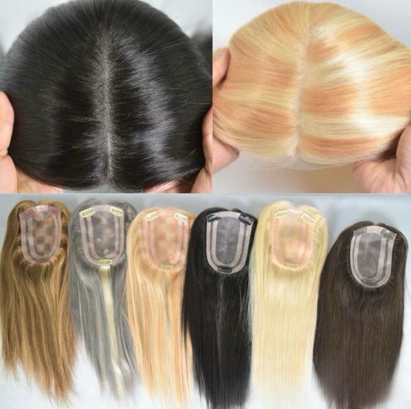 4"x6" Mono Base with PU 100%Human Hair Topper for Women Clip in/Paste on, 12~14"