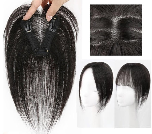 Hairpiece 100% human hair topper wiglet with bang for women black swiss lace 10"