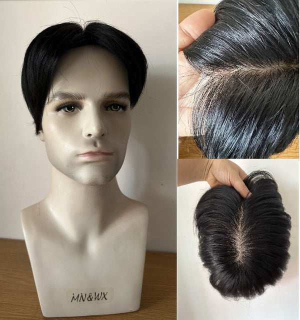 7"X8"silk top to edge toupee for men,Nice human hair tape in traceless topper 8"