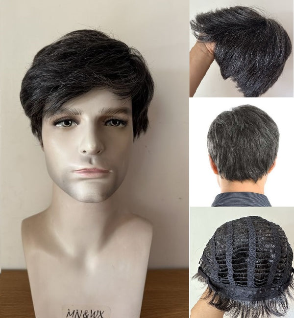 Black with Grey White Human Hair Full Wig for Men