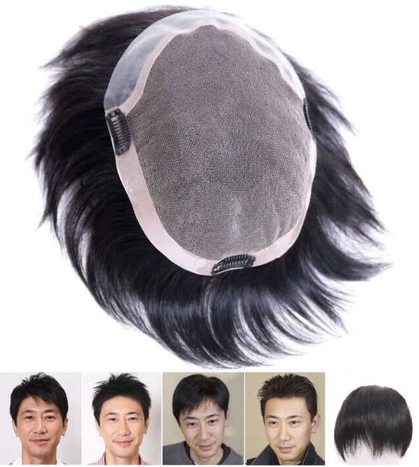 Human Hair Toupee for Men, Large Thin PU Front Mono Lace, Can be Slicked Back