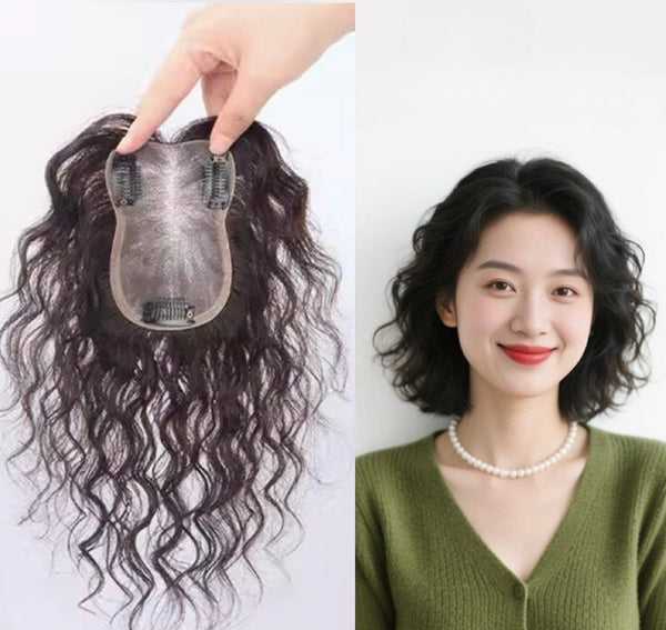 3.14"x4.3"Upgraded Mono Base Wavy 100%Human Hair Hairline Head Top Topper Clip in 10"