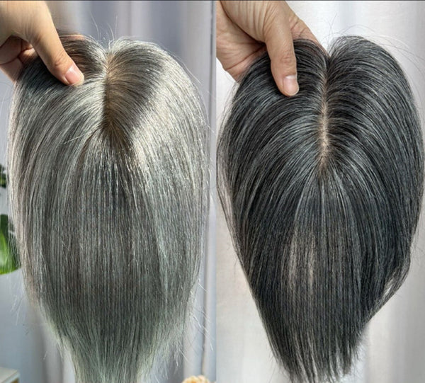 5cmx9cm/8cmx12cm Silk Effect Gray Grey 100%Human hair Topper(50%/70%White Hair Mixed) Clip in 10"