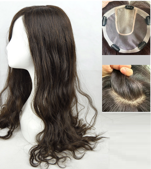 3 Days Customization! 8"x8" Mono&silk top Skin Soft Virgin human hair topper for women 10"~40", Loose Waves Fine Hair