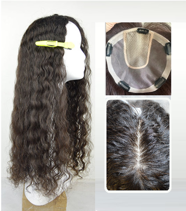 3 Days Customization! 8"x8" Mono&silk top Skin Soft Virgin human hair topper for women 10"~40", Small Waves Fine Hair