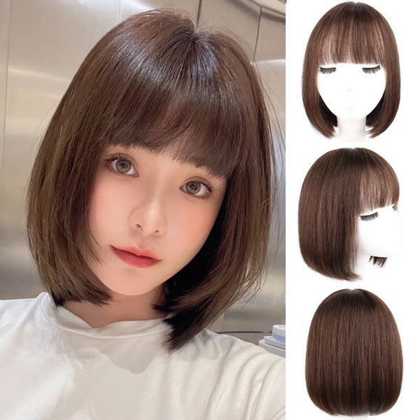 100% Real Human Hair Full Wig For Women,Silk Top C-part BOB with Flat Bang, 11"